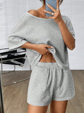 Gray Knitted Women's Casual Off Shoulder Batwing Sleeve Summer Top And Shorts Set